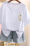 100% Cotton L-6XL T Shirt Plus Size Tshirt Short Sleeve Women Top Summer Japan Cartoon Print V Neck Oversized T Shirts-Outfit