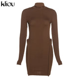 Kliou Knitted Stitching Mini Dress Women Hipster Skinny Three-Dimensional Decoration Bodycon Long Sleeve Turtleneck