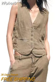 2023 Women Summer Vests Coats Vintage Solid V-Neck Single Breasted Linen Female Elegant Street Waistcoat Vest Clothing-Outfit