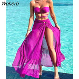 Women Summer Two Piece Beach Dress Suits Sexy Mesh High Slit Skirt Set-Outfit