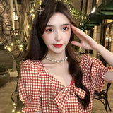 Plaid Summer Shirts Women Crop Tops Mujer Harajuku Sweet Cute Korean Style Retro Temperament Girlish Clothes Y2k Students-Outfit