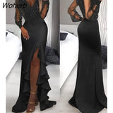 Women Glitter Sheer Mesh Ruffle Hem Prom Dress 2023 New Femme Elegant Split Thigh Party Robe Lady Evening Clothing traf-Outfit