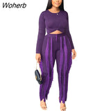 Elegant Women's Set Long Sleeve T-shirt and Tassel Pants Suit Autumn Winter Active Tracksuit Two 2 Piece Set Outfits-Outfit