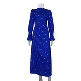 Woherb Women's 2023 New Print Round Collar Long-Sleeved Dress Autumn Fashion Waist Pendant Satin Dress-Outfit
