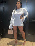 Kliou Stacked Hollow Out Mini Dress Women Fashion Stunning Long Sleeve Drawstring Undefined Skinny Skirt Attirewear Female