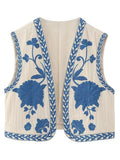 Floral Embroidered Women's Short Waistcoat Chic V Neck Sleeveless Cropped Cardigan 2024 Summer Female Party Fashion Tops-Outfit