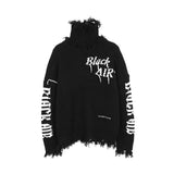 Frayed Letter Print Tassel Hole Sweater Men and Women Streetwear Oversize Pullover Sweaters Hip Hop Black Casual