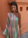 Elegant Printed Diagonal Neck Maxi Dress For Women Sexy Backless Single Flare Sleeve Robe 2024 Summer Lady High Streetwear-Outfit