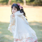 Winter Kawaii Lolita Woolen Shawl Coat Women Sweet Bow Bunny Ears Heart Shaped Button Capes Plush Warm Poncho Outerwear-Outfit