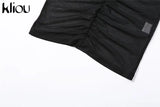 Kliou Mesh Two Piece Set Women Summer Sexy Wrapped Camisole+Bodycon See Through Pleated Skirt Maching Dress Suit Girl