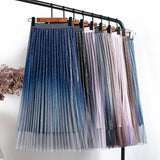 Summer Women Gradient Color Mesh Skirt Elegant High Waist Sequins A-line Midi Length Pleated Skirt QT1785-Outfit