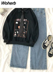 2 Piece Set womens outfits cotton Sportswear Casual loose full Sleeve hoodies and denim wide leg pants Two Piece Sets INS 430-0-Outfit
