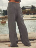 2023 Women Summer Casual Solid Straight Pants Linen Pockets Button Female Fashion Street Elegant Trousers Clothing-Outfit