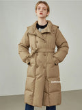 2022 New Winter Stand Up Collar Slimming Lace Up Long Puffer Jacket Women Thickened Warm Double Breasted Duck Down