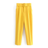 Lady Black Suit Pants with Belt Women High Waist Solid Long Trousers Fashion Pockets Pants Trousers