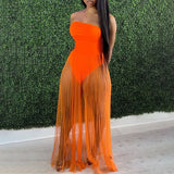 Fashion Women Mesh Maxi Dress Robes Beachwear Off Shoulder Leaf Print Tube See-through Pleated Long Party Club