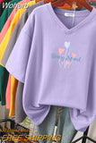 100% Cotton M-6XL T Shirt Heart Balloon Print Tshirt Short Sleeve Women's Top Summer Couple V Neck Oversized T Shirts-Outfit