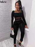 Kliou Sheath Concise Jumpsuit Women Herfst Unique Truncated Mesh See Through One Pieces Slim Simple Casual Female