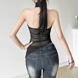 Woherb Summer New Women's Wear Hanging Neck Exposed Back Slim Mesh Gauze Perspective Irregular Small Vest-Outfit