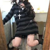 Pink Striped Gothic Sweaters Women Ripped Holes Loose Knitted Pullover Frayed Fairy Grunge Jumpers Emo Streetwear