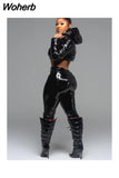 Winter Casual PU Leather Long Sleeve With Hood Short Jacket 601-0-Outfit