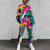 Tracksuit Two Piece Pullovers Cloting Long Sleeve Tie-dye Print Female Tops And Elastic Waist Pants Slim Casual