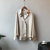 Summer Spring Casual Blouse Women Fashion Long Sleeves Tops Vintage Femme V Neck Shirts Elegant Sexy Silk Blouse