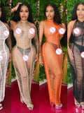 Kliou Mesh Stacked Maxi Dress See Through Sexy Women New Fashion Sleeveless Backless Spaghetti Strap Female Clubwear