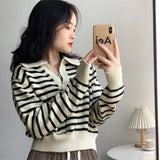 Striped Sweater Women 2022 New Korean Warm Knitted Female Tops Loose Turn Down Neck Ladies Cashmere Short
