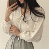 2024 Spring Thin Cropped Cardigan Women Korean Style Lace-Up Sunscreen Coat Woman Solid Color Lantern Sleeve Crop Tops-Outfit