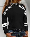 Print Cold Shoulder Top Beading O Neck Fashion Hollow Out Long Sleeve Tops T Shirt-Outfit