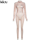 Kliou Sexy Mesh Jumpsuit Women Geometric Letter Print See Through Sheath Slim Overall Long Sleeve Turtleneck Party