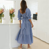 Elegant Square Collar Plaid A-Line Summer Spaghetti Midi Dress For Women 2023 Short Sleeve Ruffle Backless Boho Party Dress-Outfit