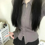 Sexy Shirts Skinny Grey Y2k Long Sleeve Pleated Elegant Chic Korean Fashion Streetwear Outer Wear Layer Top Office Lady