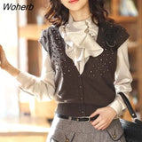 Women Chiffon Blouse Feminine OL Formal Ruffle Puff Sleeve Royal Satin Tops Female Long Sleeve Shirt 3XL-Outfit