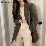 Bornladies 2022 Korean Style Loose Women Blazer Coats Autumn Single Breasted Female Chic Suit Jacket Full Sleeve