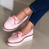 Tassel Bowtie Loafers Woman Slip On Sneakers Ladies Soft PU Leather Sewing Flat Platform Female Shoes All Seasons 2021