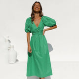 Elegant Short Sleeve V Neck Green Summer Midi Dress For Women 2023 Hollow Out Buttons A-Line Holiday Beach Dress Vestido-Outfit
