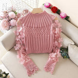 Flower Puff Sleeve Women Sweater Slim Short Style Patchwork Round Neck Knitting Female