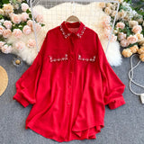 Summer New Chiffon Shirt Female Lapel Bubble Sleeves Loose Show Thin Nail Bead Versatile-Outfit
