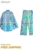 2023 Women Summer 2-Pieces Sets Vintage Print Poplin Shirts Tops and Trousers Female Elegant Street Two Suits Clothing-Outfit