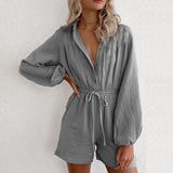 Fashion Casual Single Breasted Button Jumpsuit Women Elegant Solid Elastic Waist Drawstring Short Rompers Lady