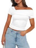 Solid color strapless wrap regular casual short sleeve backless shrunken Tee multicolor high quality pullover t-shirt-Outfit