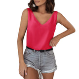 Solid Color Satin Vest V-Collar Casual Sling Sleeveless Shirt Summer Basic Style-Outfit
