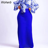 Fashion Two Piece Set African Women Commuter Elegant OL Print Bowknot Lace-up Shirt Long Skirt Two Piece Suit Women-Outfit