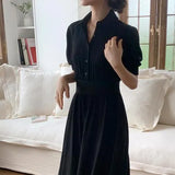 2021 Spring Autumn Chic Korean Temperament Lady Women Long Maxi Solid Black Single Breasted Button Shirt