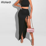 Piece Casual Suits Sleeveless Crop Top & Slim High Slit Maxi Skirt Set-Outfit