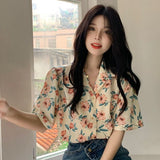 Hong Kong Retro Flower Blouse Women's 2023 Summer Chiffon Blouse for Women Korean Style Women Clothing Vintage Shirt-Outfit