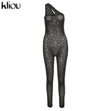 Kliou Flocking Mesh Jumpsuit Inclined Shoulder Leopard Style Patchwork One Piece Clothing Sexy Midnight Clubwear Female