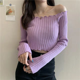 Women Turn Down Collar Crop Top Patchwork Slender All-match Fashion Vintage Korean Style Girls Sexy Sweaters